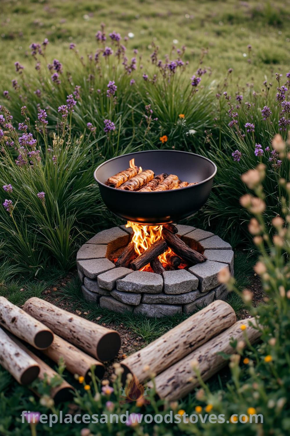 Nomadic firepit barbecue in a wildflower meadow surrounded by tall grasses, glowing flames casting shadows on stone, and mismatched logs for seating, creating a cozy atmosphere perfect for outdoor gatherings, unique ideas for your home at fireplacesandwoodstoves.com.