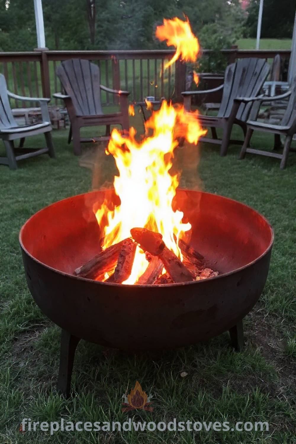 Metal fire pit in the backyard surrounded by friends, creating a cozy atmosphere with flickering flames and mismatched chairs on a wooden deck, perfect for gatherings. Visit patioandhomefurniture.com for stylish outdoor design ideas.