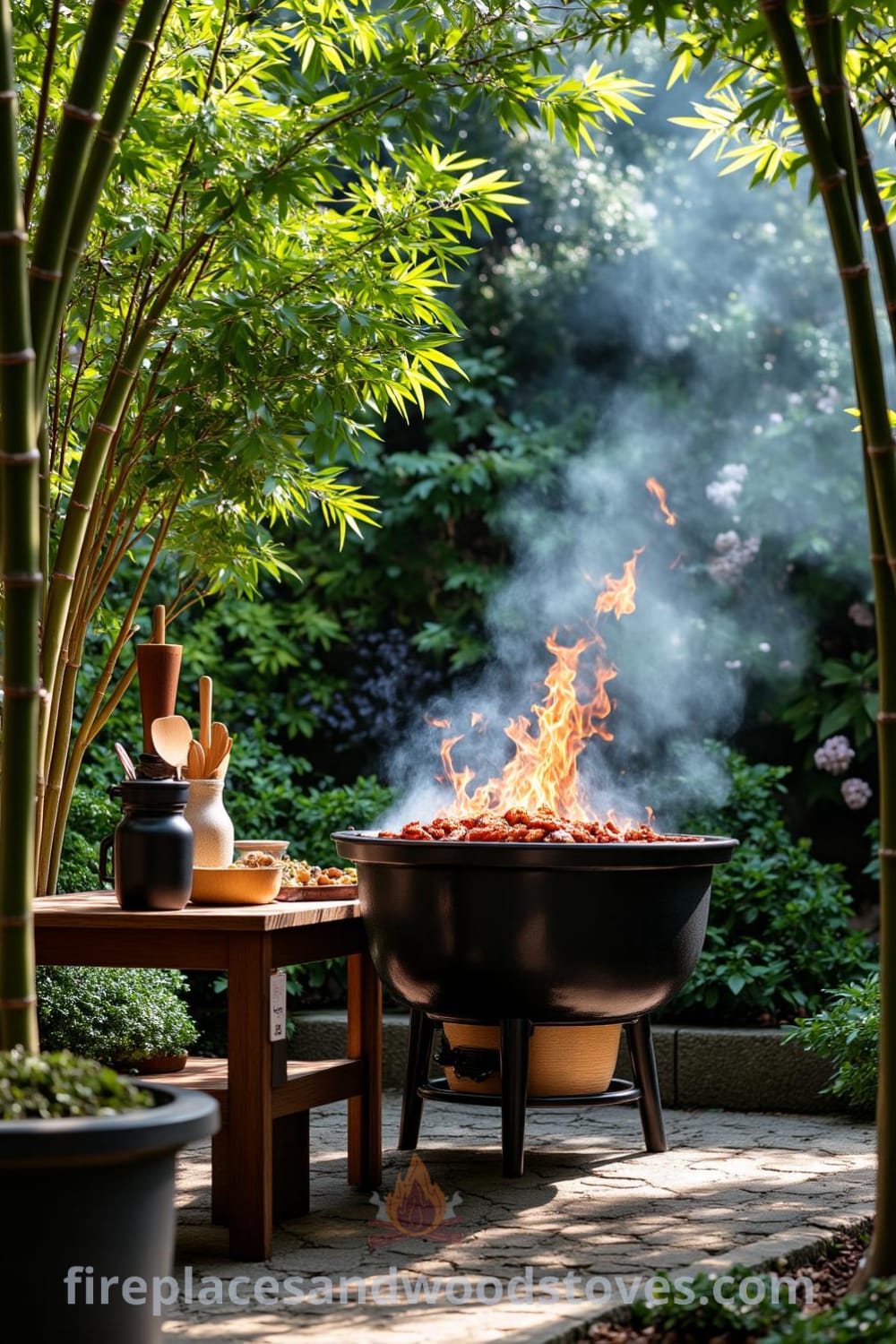 Japanese Zen outdoor barbecue grill surrounded by bamboo and greenery, glowing warm as flames flicker, with a rustic wooden table of grilling tools nearby, creating a welcoming atmosphere for gathering and enjoying nature, featured on fireplacesandwoodstoves.com.