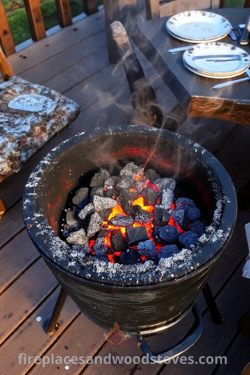 Classic charcoal grill on a wooden deck surrounded by mismatched plates and utensils, creating a cozy outdoor barbecue atmosphere perfect for memorable gatherings. Visit patioandhomefurniture.com for incredible ideas that will wow your guests.