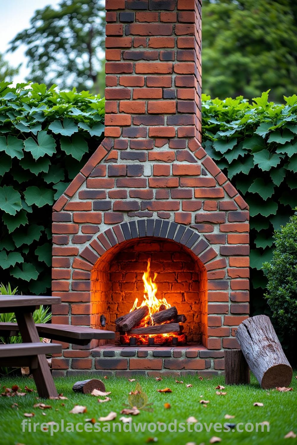 Tudor brick outdoor fireplace surrounded by lush greenery, with flickering flames illuminating the aged bricks and a cozy picnic table nearby, offering unique ideas for home decor and outdoor inspirations at fireplacesandwoodstoves.com.