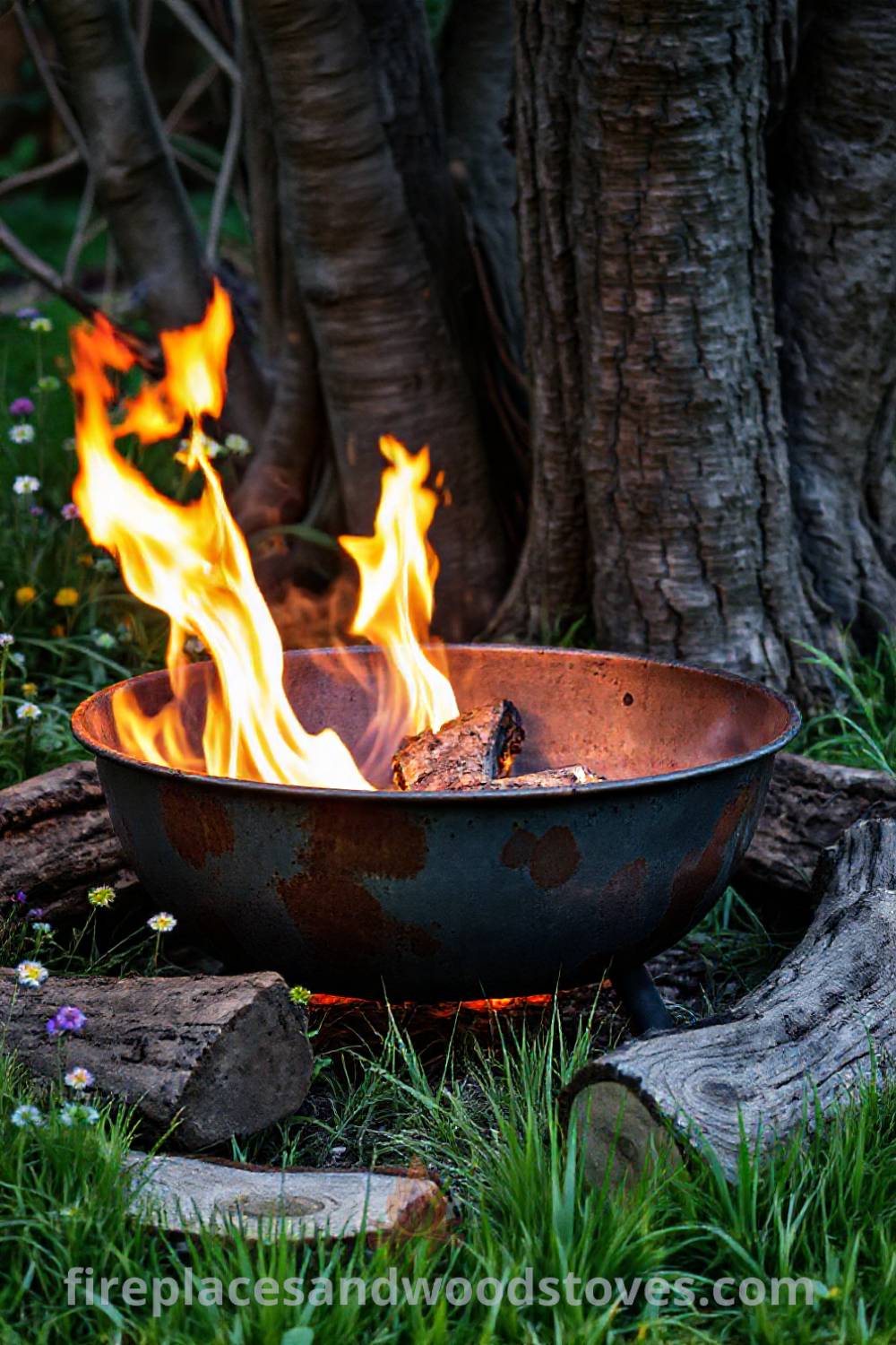 Charcoal-burning fire pit in a garden corner, surrounded by wildflowers and grass, with flames illuminating tree trunks, creating a cozy atmosphere for outdoor gatherings. Visit patioandhomefurniture.com for incredible outdoor design ideas that will wow your guests.