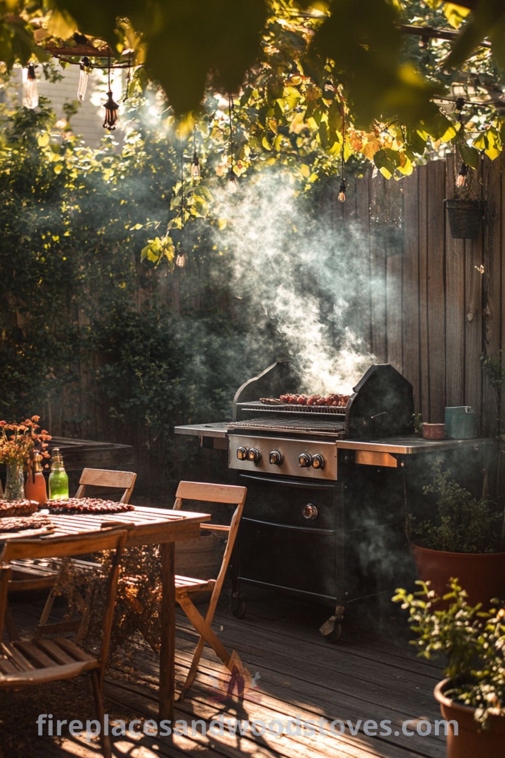 Backyard barbecue scene with a rotisserie cooking meats, surrounded by potted plants and mismatched chairs on a wooden deck, creating an inviting atmosphere perfect for gatherings with family and friends, showcasing cozy ideas and decor inspirations for outdoor dining at wellnesswink.com.