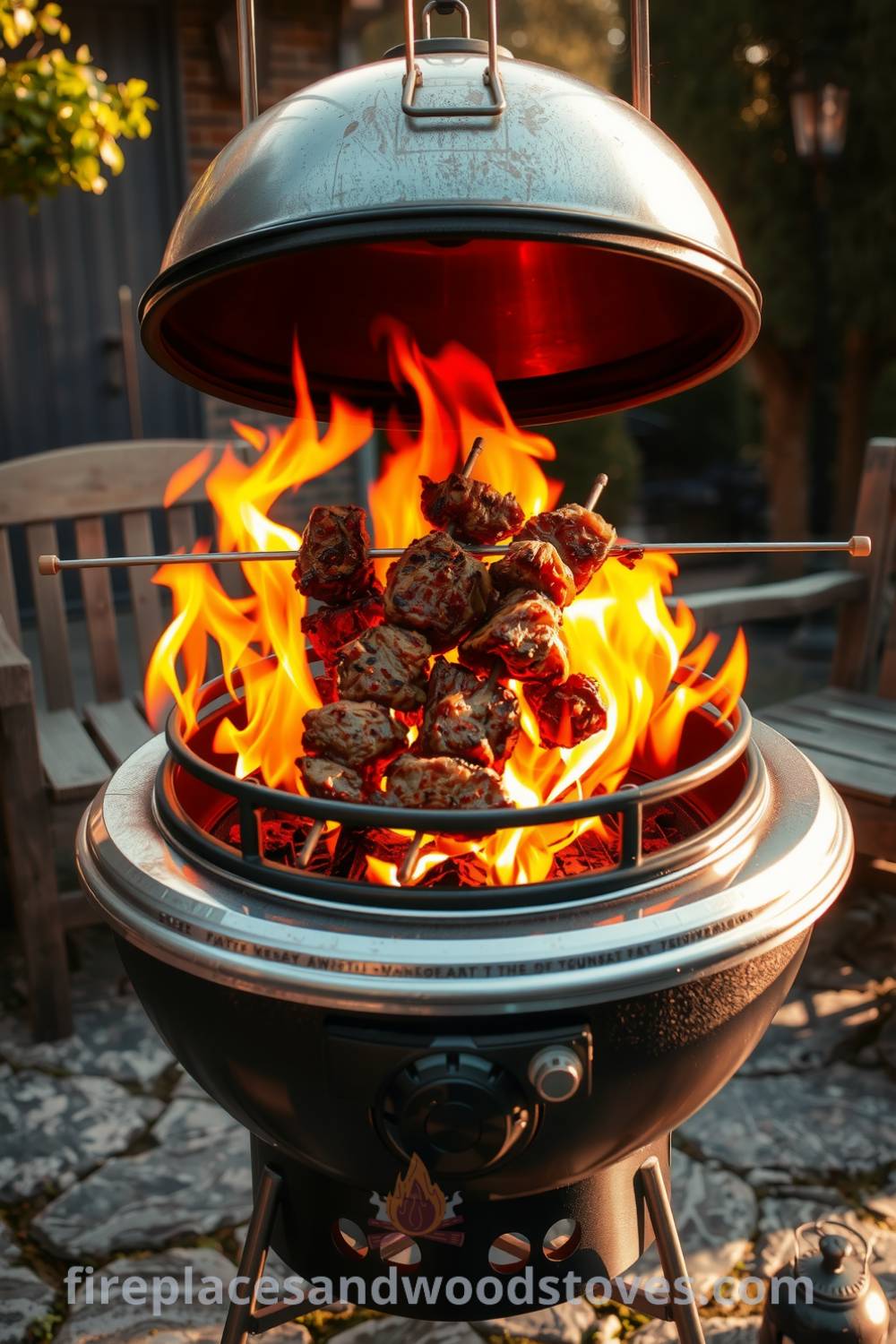 Sturdy rotisserie barbecue on a stone patio with skewers of marinated meat spinning over vibrant flames, surrounded by rustic wooden furniture, creating an inviting outdoor dining atmosphere, perfect for cozy home design ideas and outdoor decor inspirations. Visit fireplacesandwoodstoves.com for unique ideas.