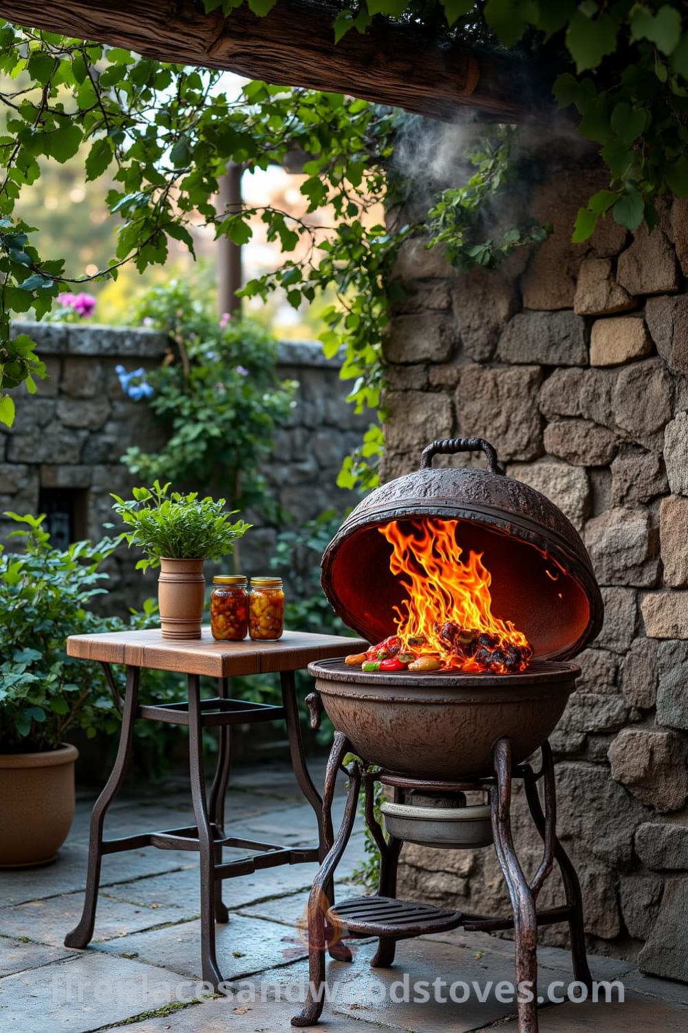 Rustic outdoor barbecue made of weathered wrought iron on a stone patio, surrounded by greenery, with a crackling fire and skewers of marinated vegetables, offering cozy ideas for your home and inspiring decor ideas. Visit fireplacesandwoodstoves.com for more unique ideas.