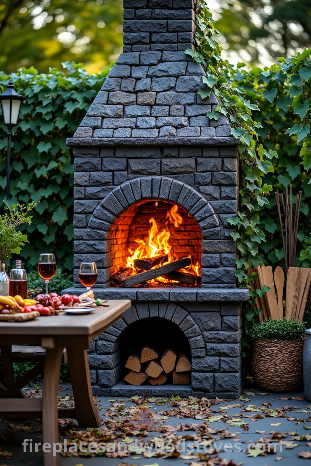 Gothic outdoor barbecue nestled in a lush garden with dark textured stone and ivy, surrounded by greenery, creating a cozy gathering spot perfect for evening grilling. For more cozy ideas, visit fireplacesandwoodstoves.com.