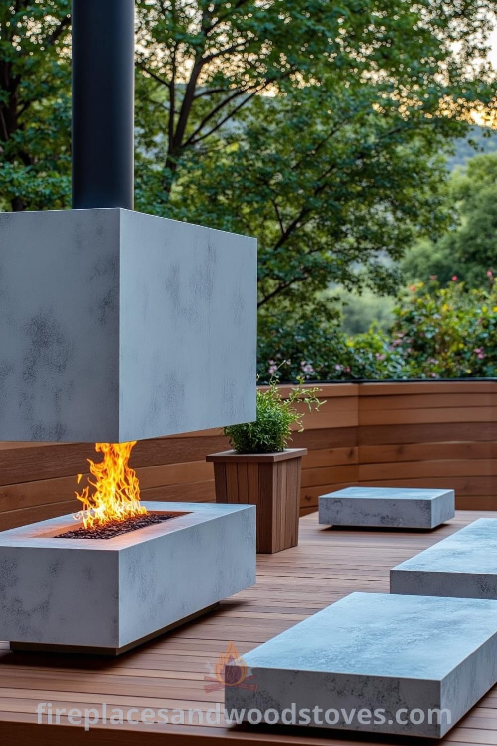 Minimalist concrete outdoor fireplace with vibrant flames, set on a sleek wooden deck surrounded by nature, featuring rustic wooden seating, potted plants, and offering cozy ideas for your home. Visit fireplacesandwoodstoves.com for design inspirations.