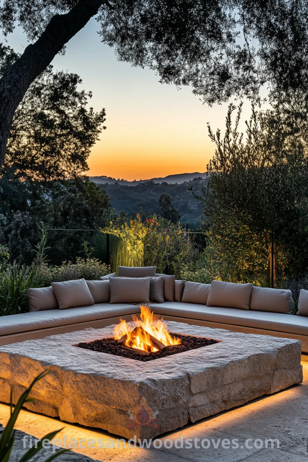 Fire pit area featuring cozy sunken seating and patio designs at fireplacesandwoodstoves.com, showcasing outdoor fire pit ideas, backyard makeover inspirations, and outdoor seating with fire pit options.
