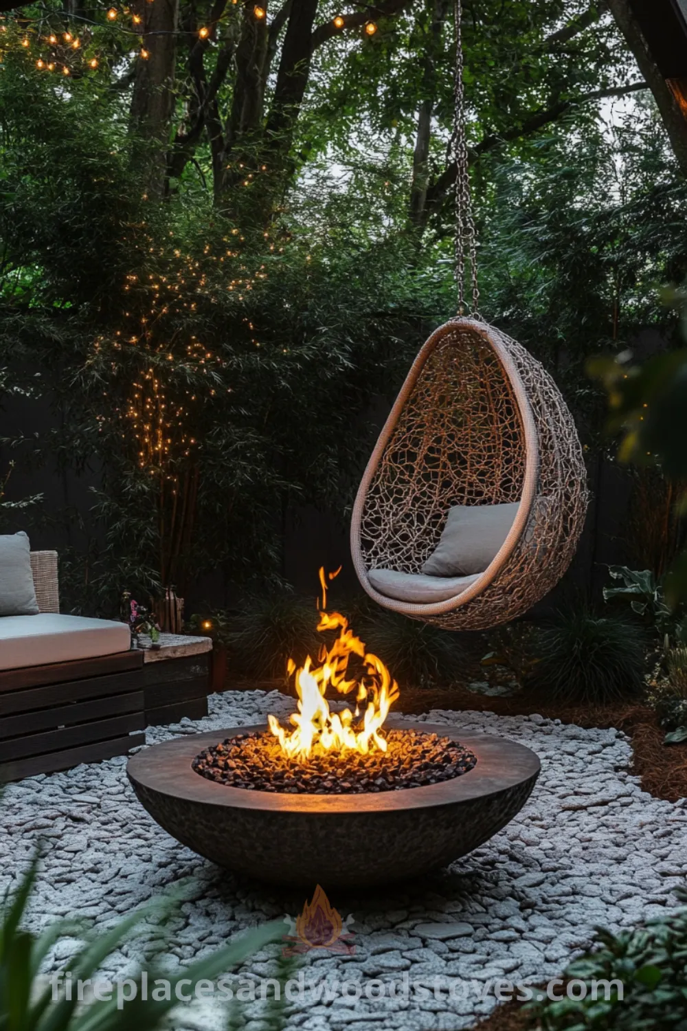 Backyard fire pit area on fireplacesandwoodstoves.com, showcasing outdoor seating arrangements, cozy ideas, and unique designs for an inviting backyard landscape.
