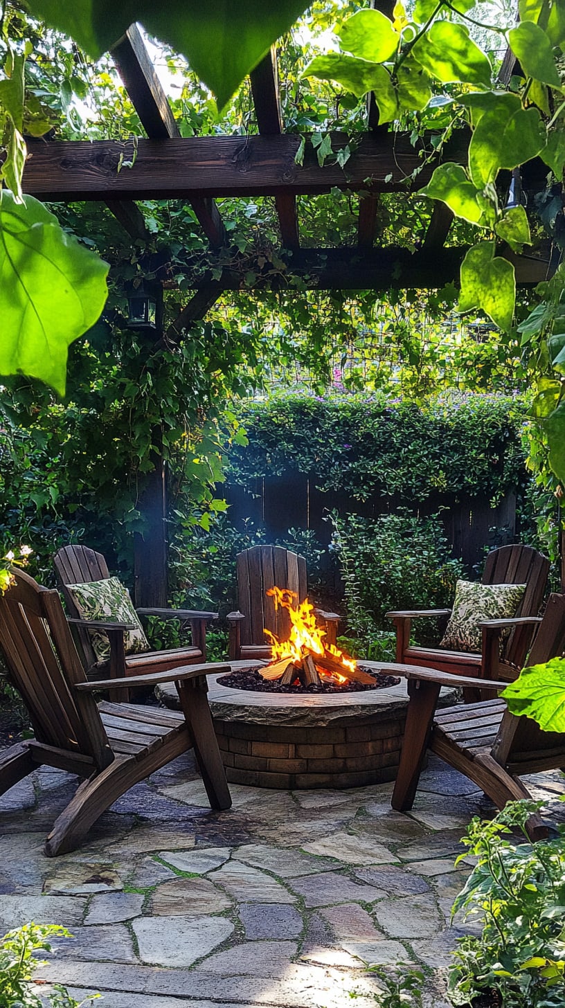 A cozy fire pit surrounded by comfortable chairs under an arbor, set against a backdrop of lush greenery and inviting pathways.