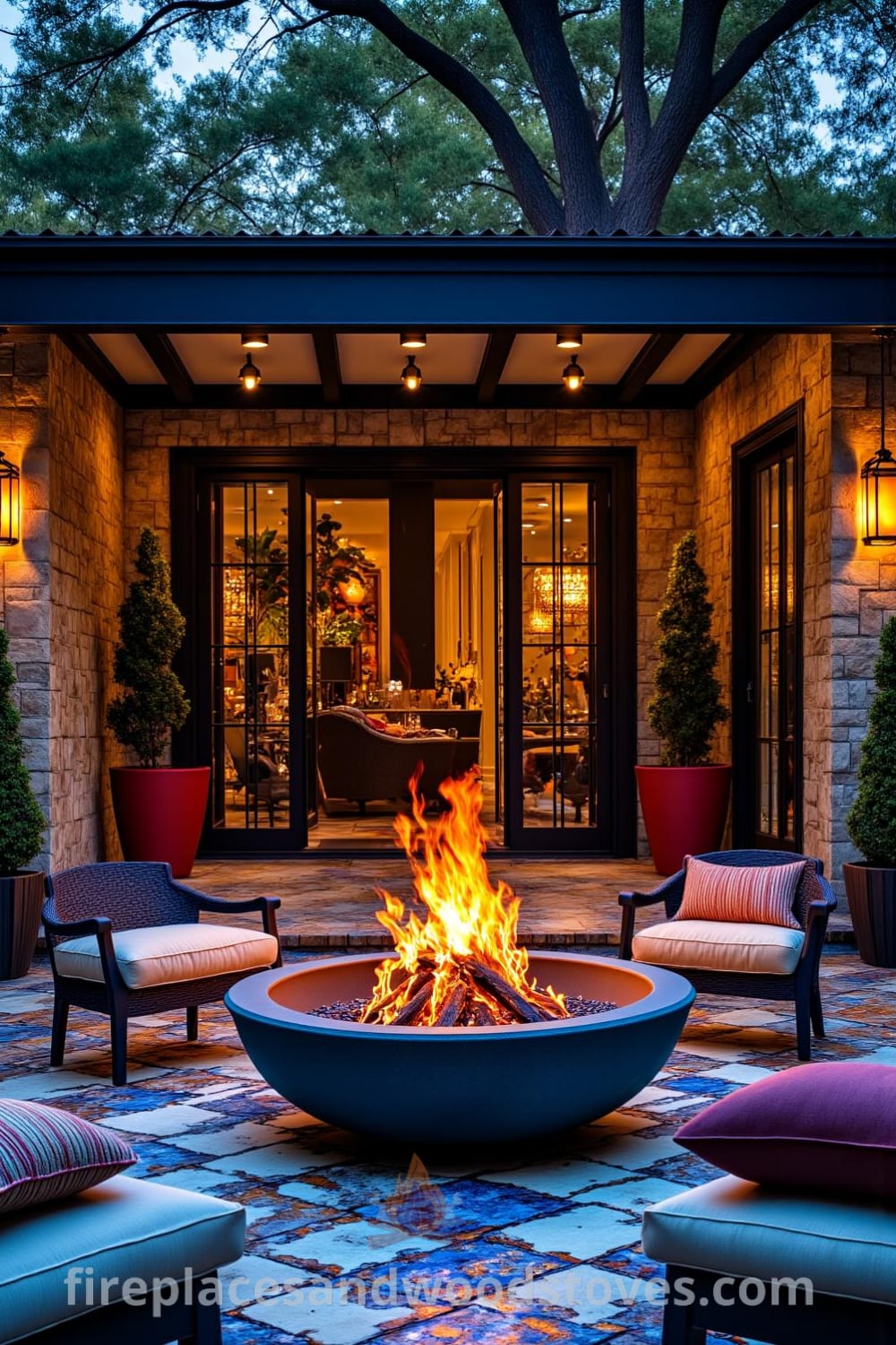 Art Deco fire pit at the center of an outdoor patio, surrounded by hand-painted tiles, with flickering flames, plush cushions, and a cozy ambiance ideal for gatherings, featuring decor ideas and inspirations from fireplacesandwoodstoves.com.