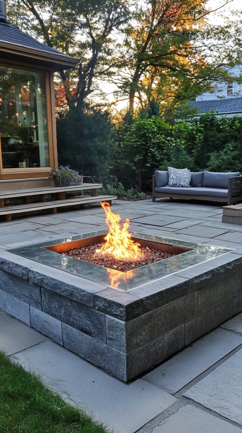 A square stone fire pit with an elegant flame, surrounded by seating and lush greenery, creating a cozy outdoor gathering space.