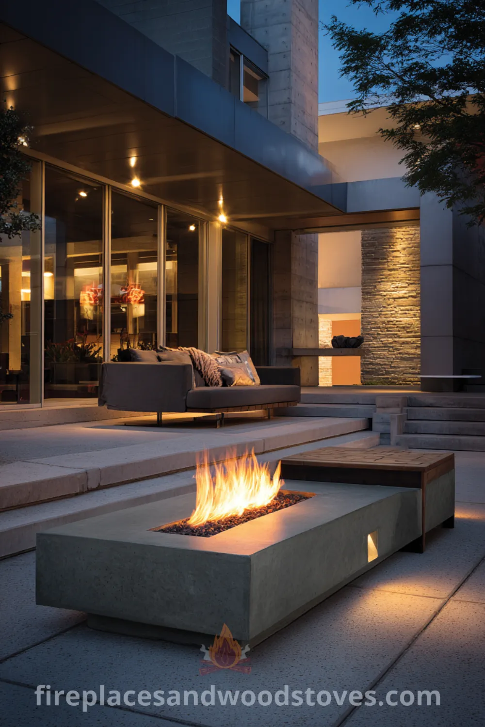 Contemporary fire pit with smooth dark gray concrete, integrated lighting, and warm fire glow in a modern patio setting.