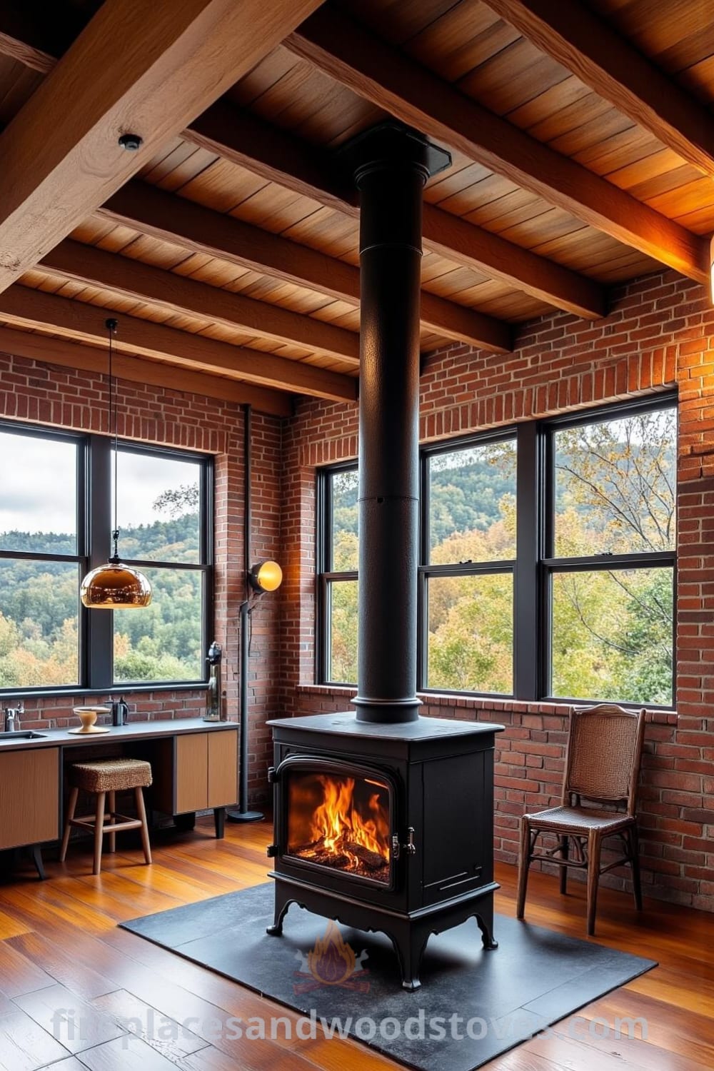 Industrial metal pipe woodstove fireplace in an open-concept urban loft, contrasting with raw wooden beams and exposed brick walls, surrounded by mismatched furniture, creating a cozy ambiance. Discover more ideas at fireplacesandwoodstoves.com.