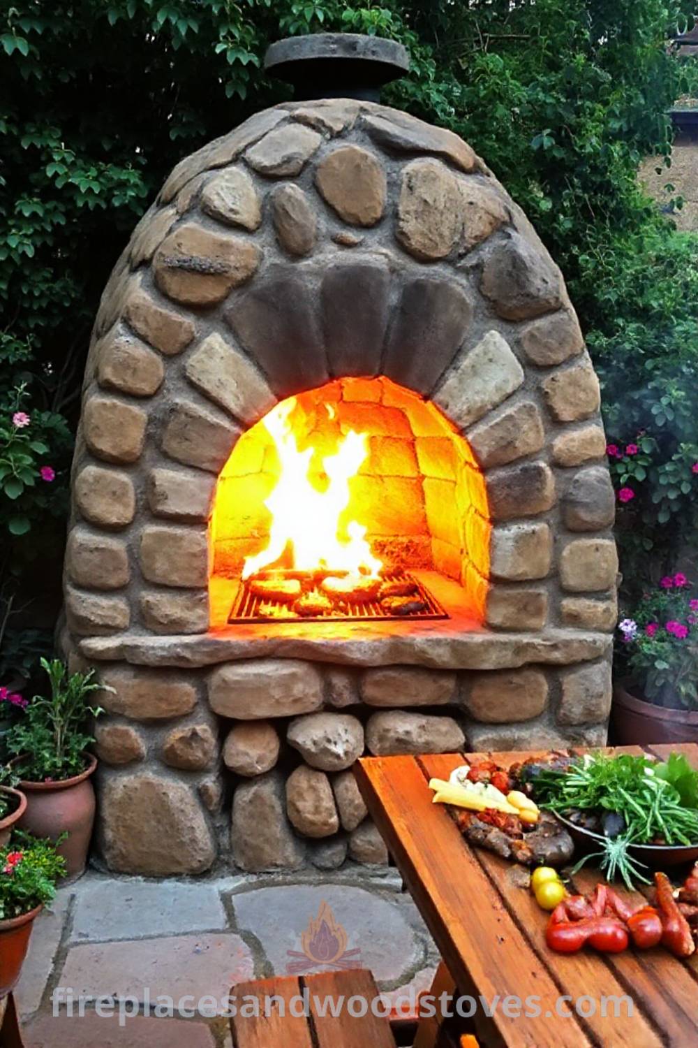 Stone BBQ oven on a rustic patio surrounded by lush greenery and potted plants, featuring a warm flame and wooden tables filled with fresh ingredients, perfect for outdoor gatherings. Visit patioandhomefurniture.com for incredible ideas that will wow your guests.