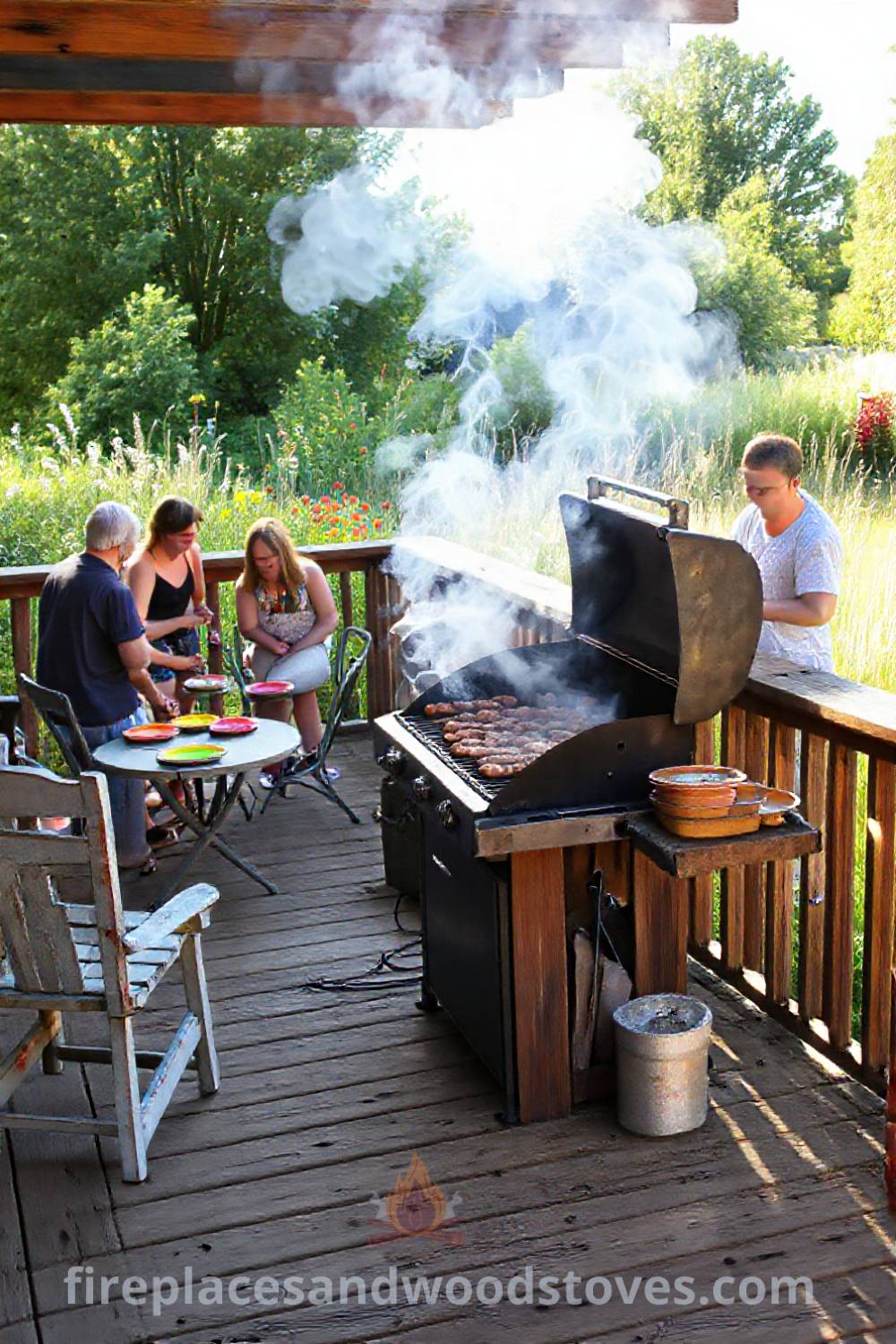 Lively backyard barbecue scene featuring a rustic wooden deck, sizzling grill with marinated foods, mismatched patio chairs, and a vibrant garden backdrop, creating a cozy and inviting atmosphere for guests. Visit patioandhomefurniture.com for incredible ideas transforming your backyard.