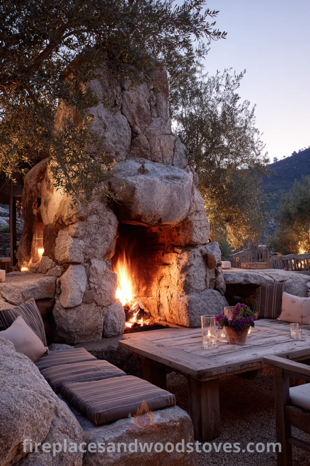 Outdoor rustic stone fireplace with crackling fire, olive trees, and rustic outdoor furniture creating inviting warmth and cozy evenings.