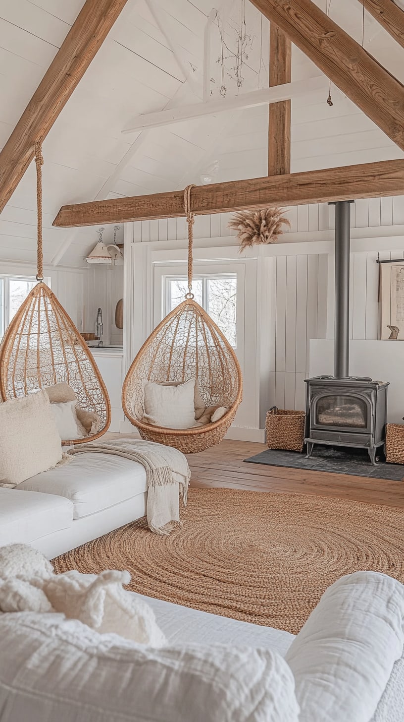 A cozy coastal living room featuring hanging rattan chairs, white walls, a wood stove, and a large jute rug, creating a bright and inviting atmosphere.