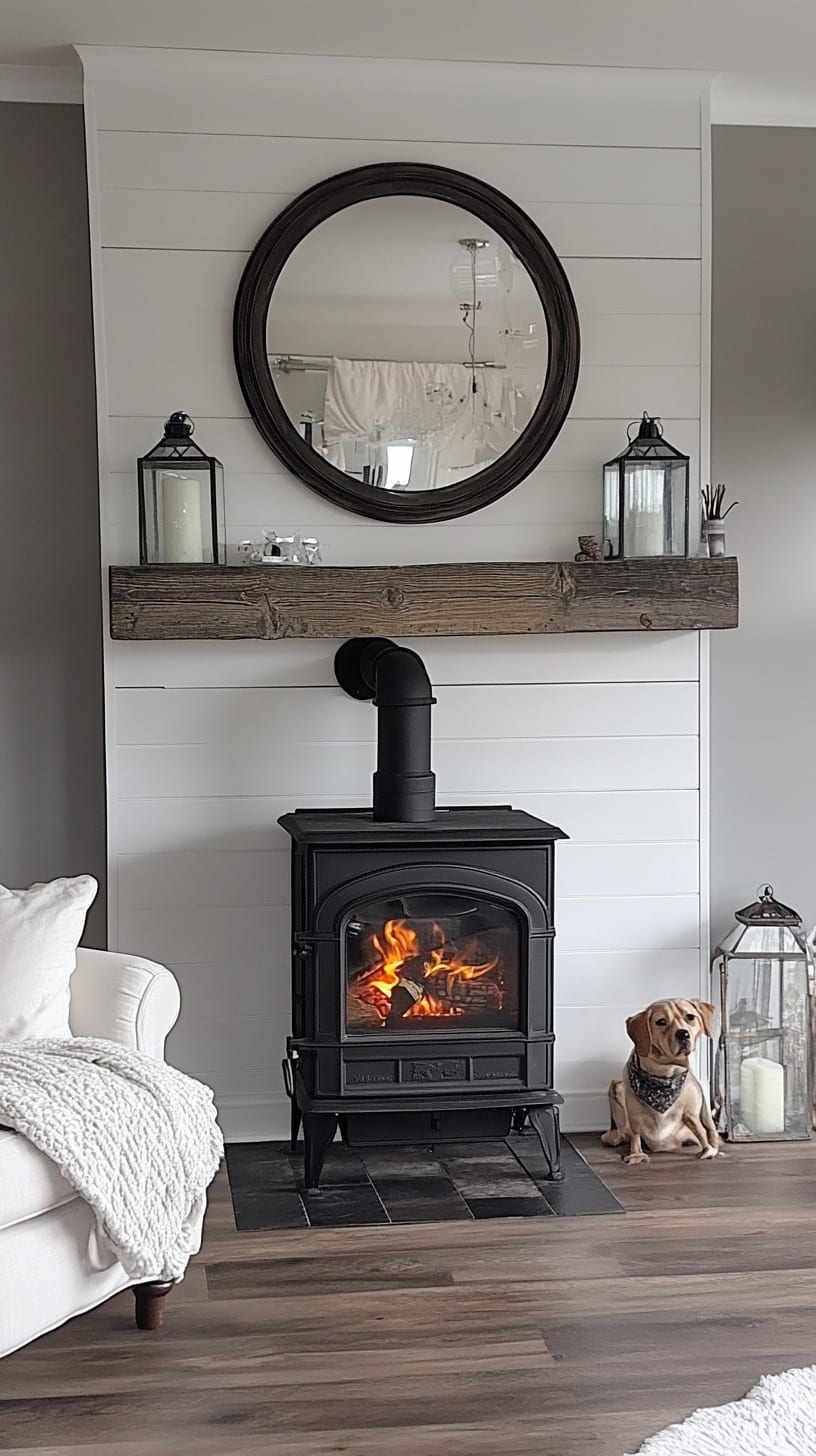 A cozy living room scene featuring a black wood stove against a white shiplap wall, with a large round mirror overhead and a small dog sitting beside it, creating a warm farmhouse ambiance.