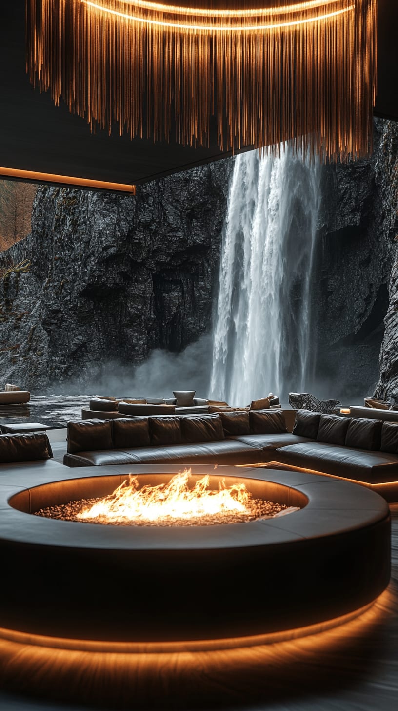 A luxurious hotel lounge featuring circular seating around a fire pit, with a large waterfall in the background and macramé lights, creating a serene and inviting atmosphere.