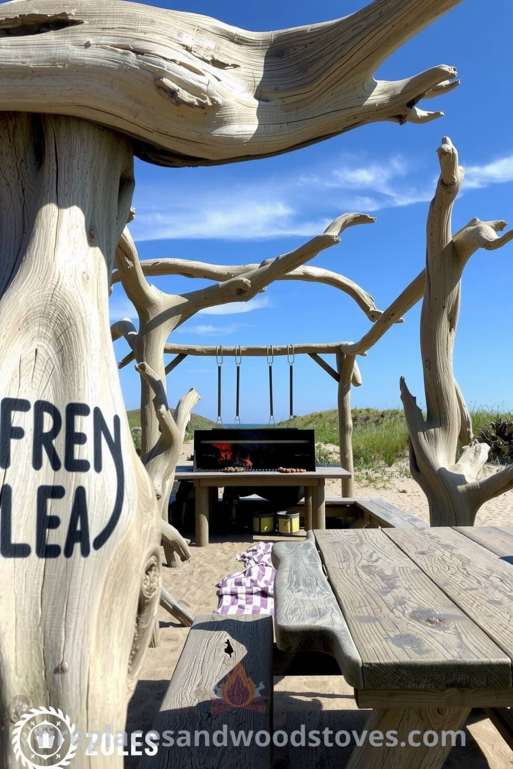Cozy outdoor barbecue scene framed by sun-bleached driftwood, featuring friends gathered around flickering flames, a rustic picnic table, and a bright blue sky, providing unique ideas for your home and cozy decor inspirations at fireplacesandwoodstoves.com.