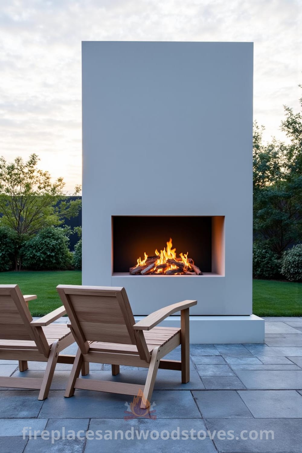 Minimalist concrete outdoor fireplace in a modern backyard, surrounded by rustic stone pavers and simple wooden chairs, creating a cozy and inviting ambiance for gatherings. Discover inspiring design ideas for your home at fireplacesandwoodstoves.com.