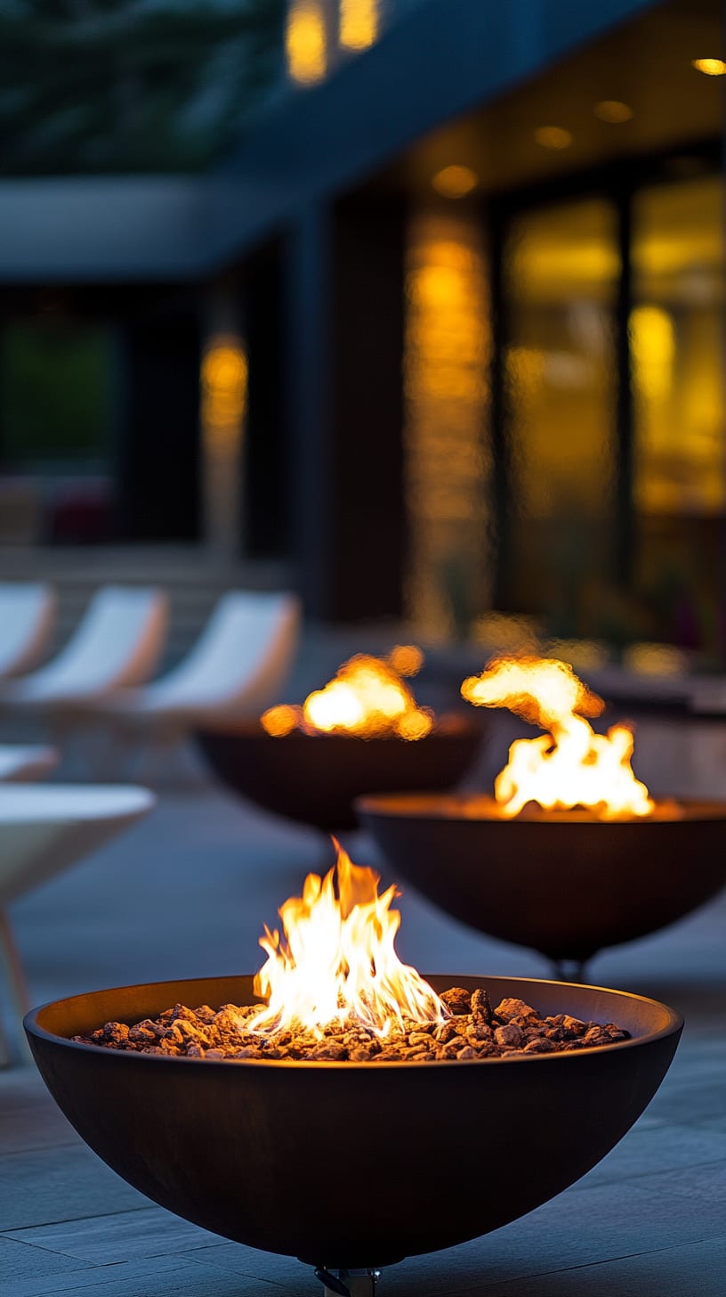 Two elegant fire bowls glowing at night in an outdoor lounge area, surrounded by modern furniture, creating a warm and inviting atmosphere.
