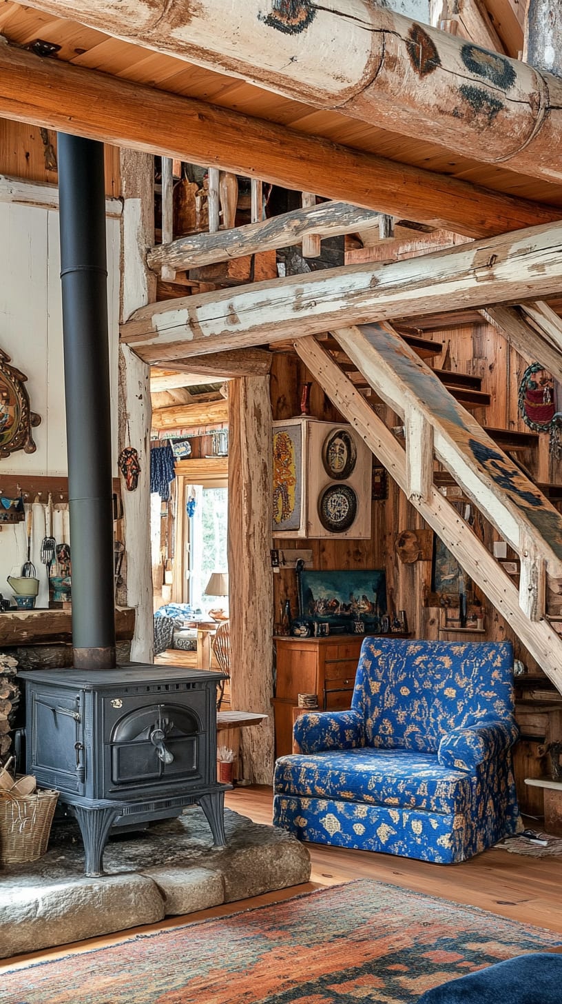 A rustic cabin interior featuring a blue floral sofa, an old wood stove, and colorful decorations, with rustic wood beams and a stone fireplace.
