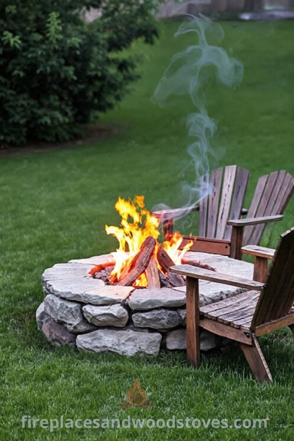 Classic stone fire pit in a lush backyard setting with mismatched wooden chairs, glowing flames, and subtle smoke, offering cozy and stylish outdoor gathering inspiration. Visit patioandhomefurniture.com for ideas that will wow your guests.