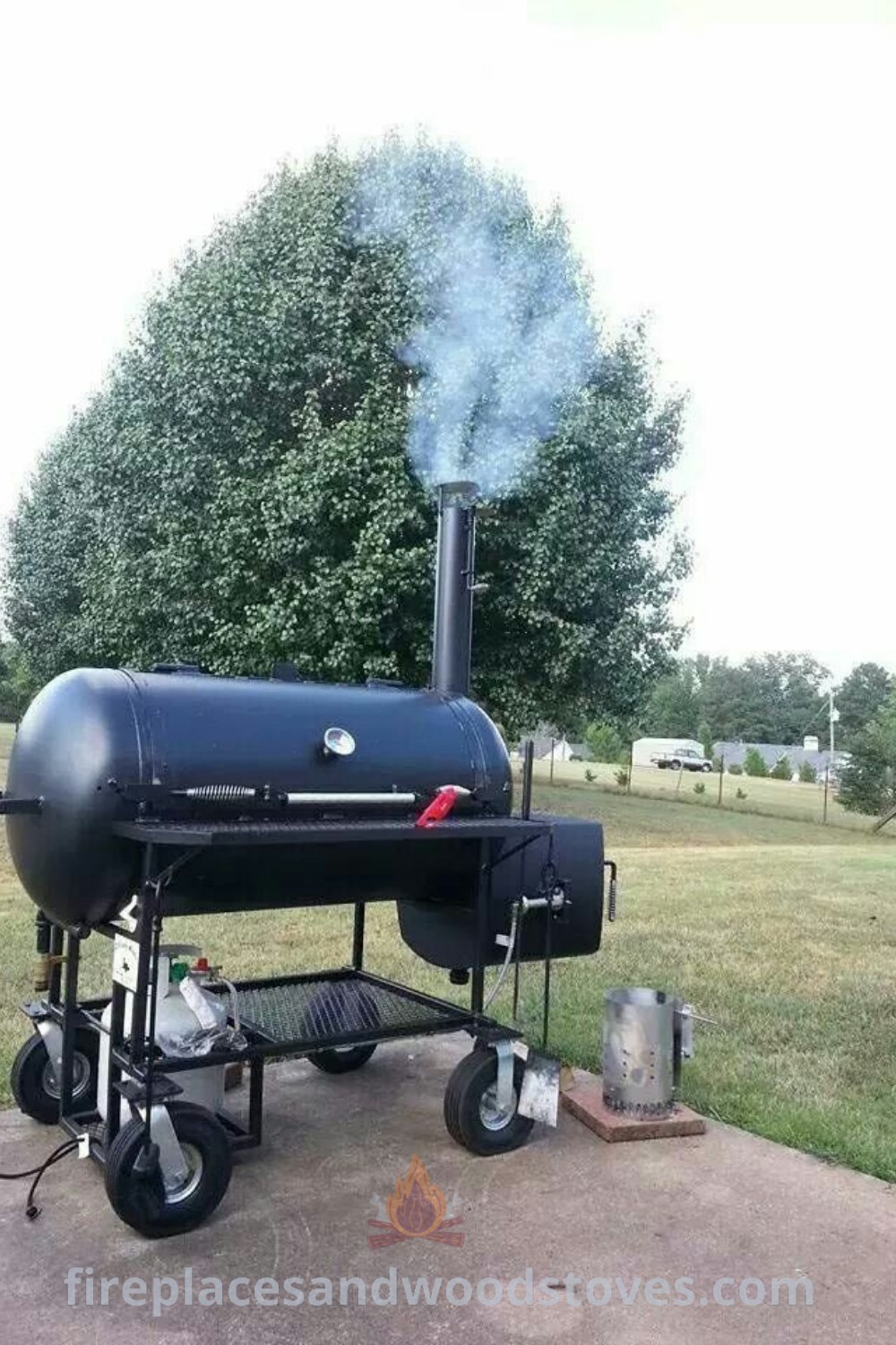 A creative backyard BBQ pit setup featuring a gas bottle wood burner and meat smokers, ideal for outdoor gatherings. Discover incredible ideas for grilling and smoking at patioandhomefurniture.com.