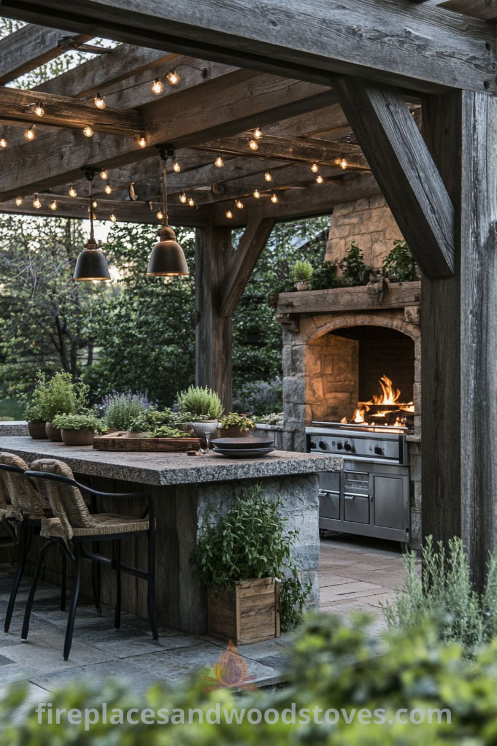 Outdoor kitchen designed with rustic wooden beams, a weathered stone countertop, and a wood-burning fireplace, adorned with fresh herbs and fairy lights, offering cozy and inspiring decor ideas for a welcoming home setting on wellnesswink.com.