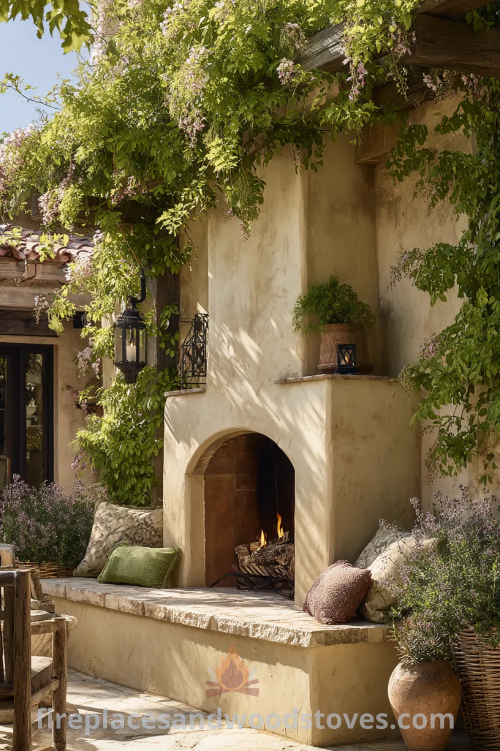 Aged stucco fireplace beneath pergola features rustic stone fireplace, integrated seating, and cozy outdoor evenings ambiance.