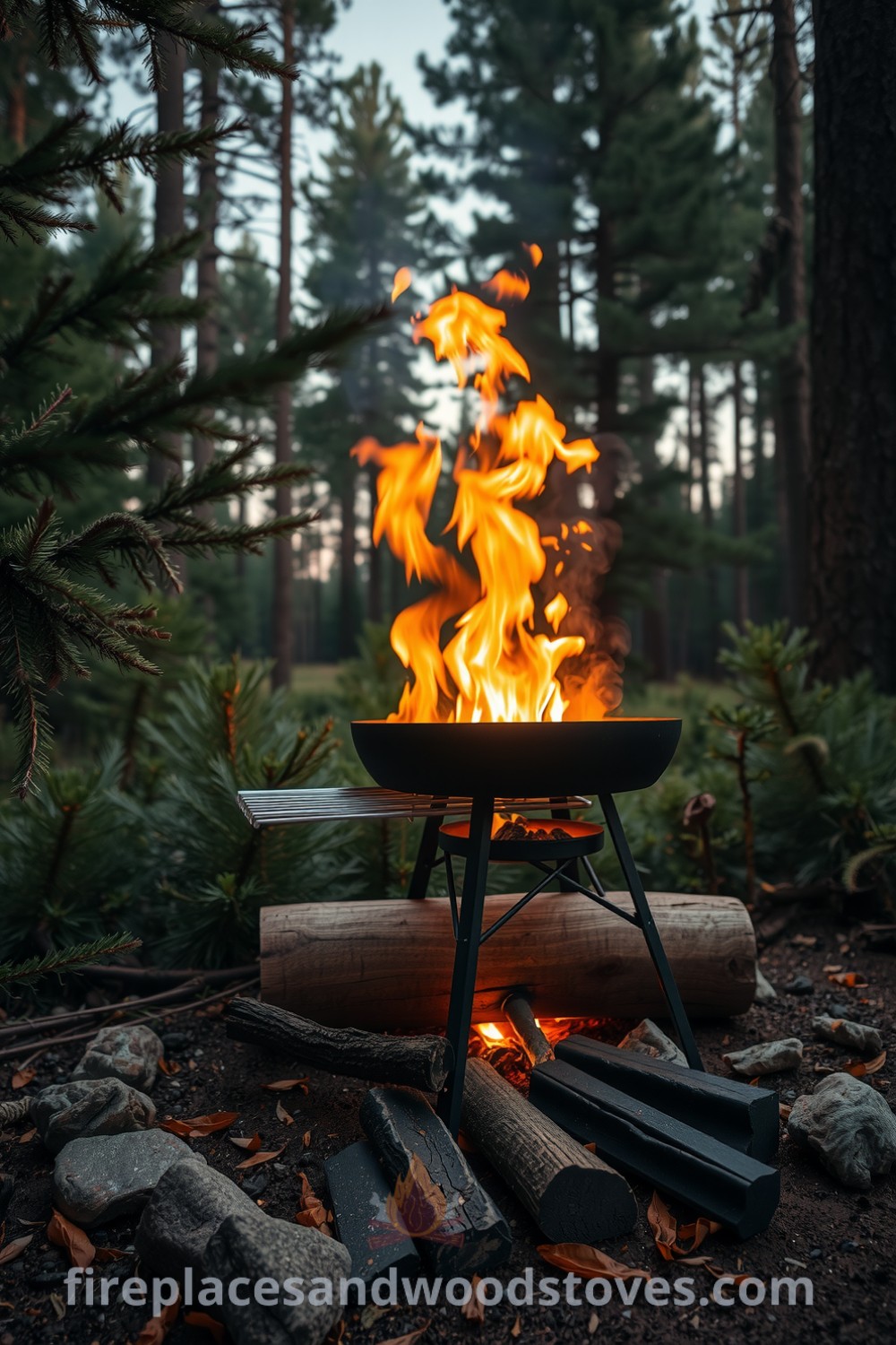 Log-built barbecue in a wild forest setting with wood-burning flames, surrounded by towering pines, stones, and leaves, creating a cozy atmosphere for outdoor gatherings and cooking, showcasing unique ideas for your home at fireplacesandwoodstoves.com.
