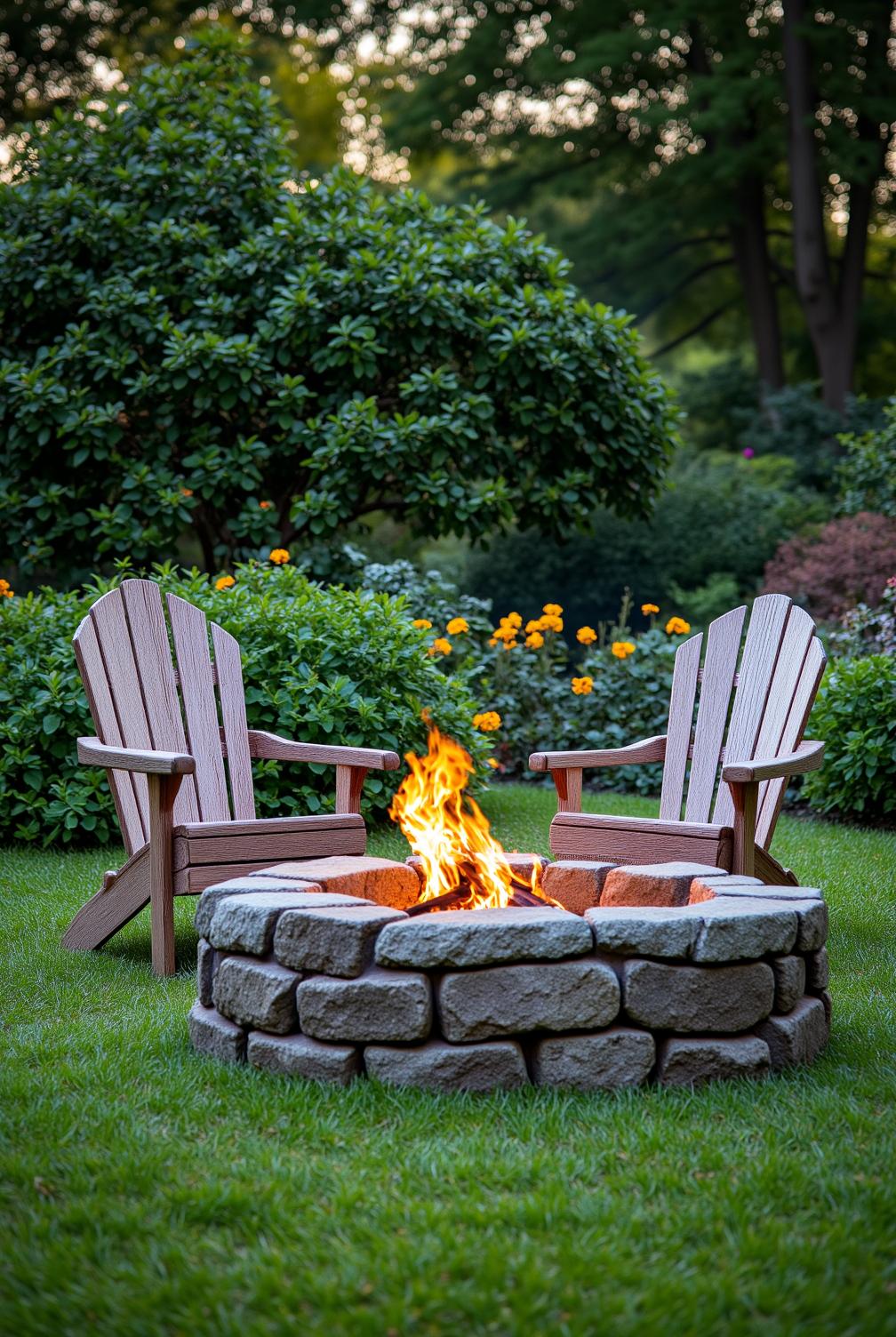 Stone fire pit surrounded by lush greenery and rustic wooden chairs in a cozy backyard setting, creating an inviting atmosphere for gatherings and offering unique decor ideas for your home, as featured on fireplacesandwoodstoves.com.