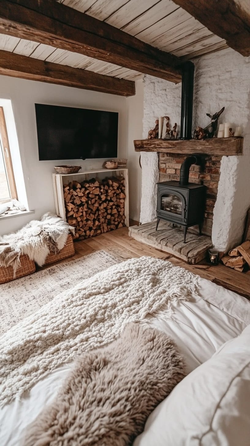 A cozy bedroom featuring white walls, a fluffy beige rug, a wood-burning stove, a TV above a fireplace, and wooden beams, all bathed in natural light.