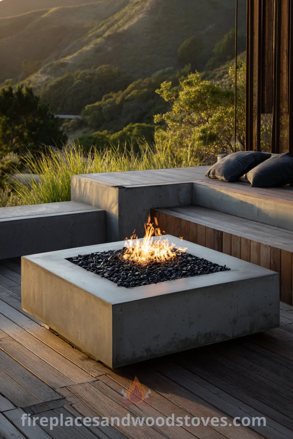 Outdoor mid century modern corner fireplace design with polished concrete hearth, L-shaped form, and black lava rock for ambiance.