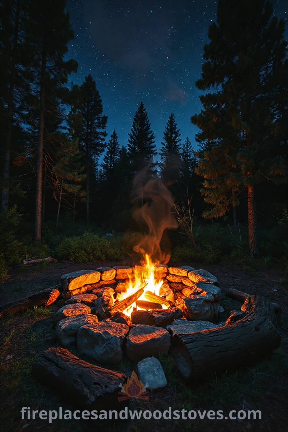 Rustic stone camping fire pit in a forest clearing, surrounded by tall pines and inviting logs, creating a cozy atmosphere perfect for gathering and storytelling under the stars. Visit patioandhomefurniture.com for stylish outdoor design inspiration.