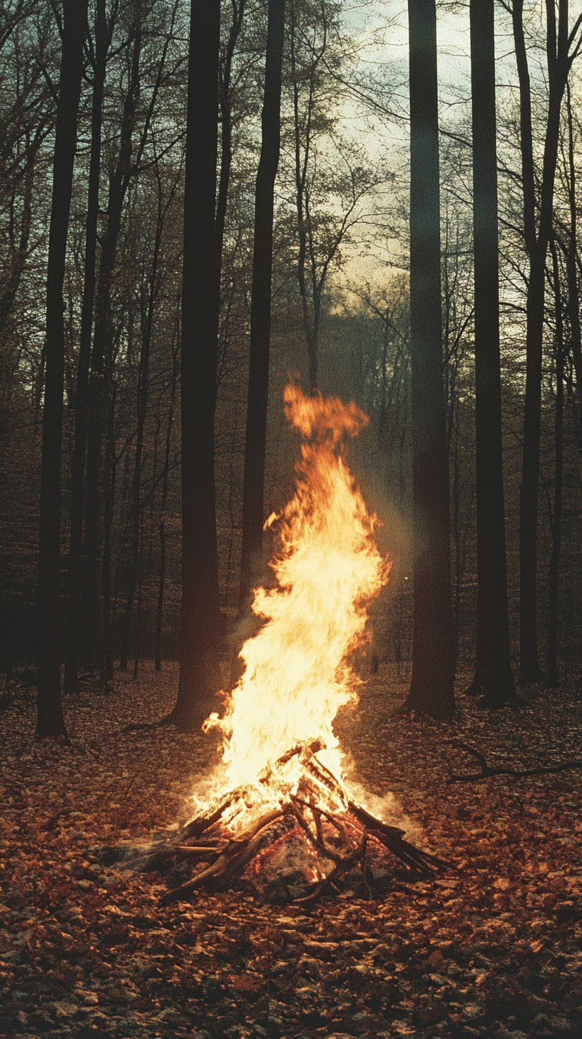 A large bonfire surrounded by tall trees and autumn leaves in a serene forest setting, glowing warmly in the evening light.