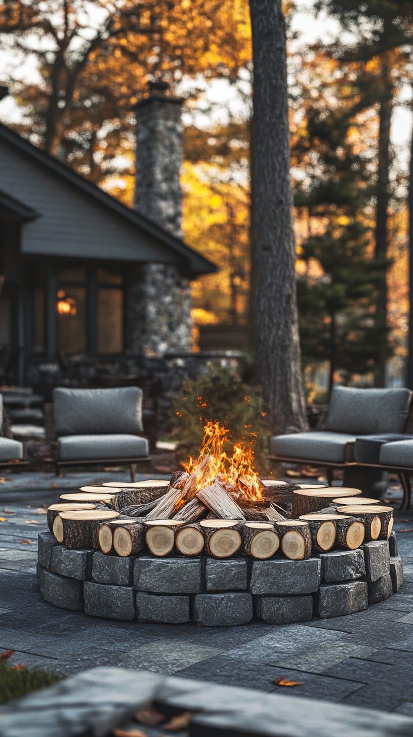 A rustic stone fire pit surrounded by comfortable seating and autumn foliage, creating a cozy outdoor atmosphere.