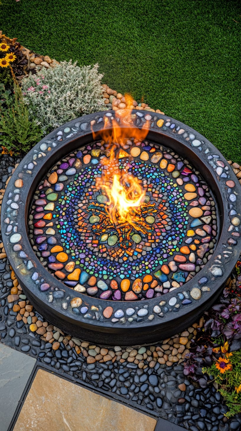 A vibrant circular fire pit surrounded by colorful pebbles in an intricate mosaic pattern, with flames dancing within, set in a lush outdoor garden.