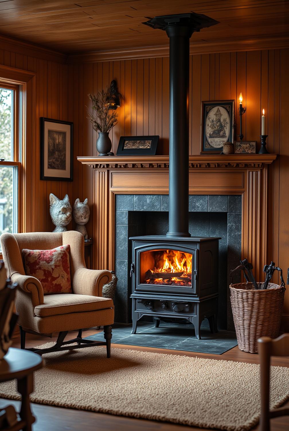 A cozy wood stove in a warm living room, surrounded by mismatched chairs, a woven rug, and aged pine paneling, providing a rustic atmosphere perfect for family gatherings and sharing stories, featured on fireplacesandwoodstoves.com.