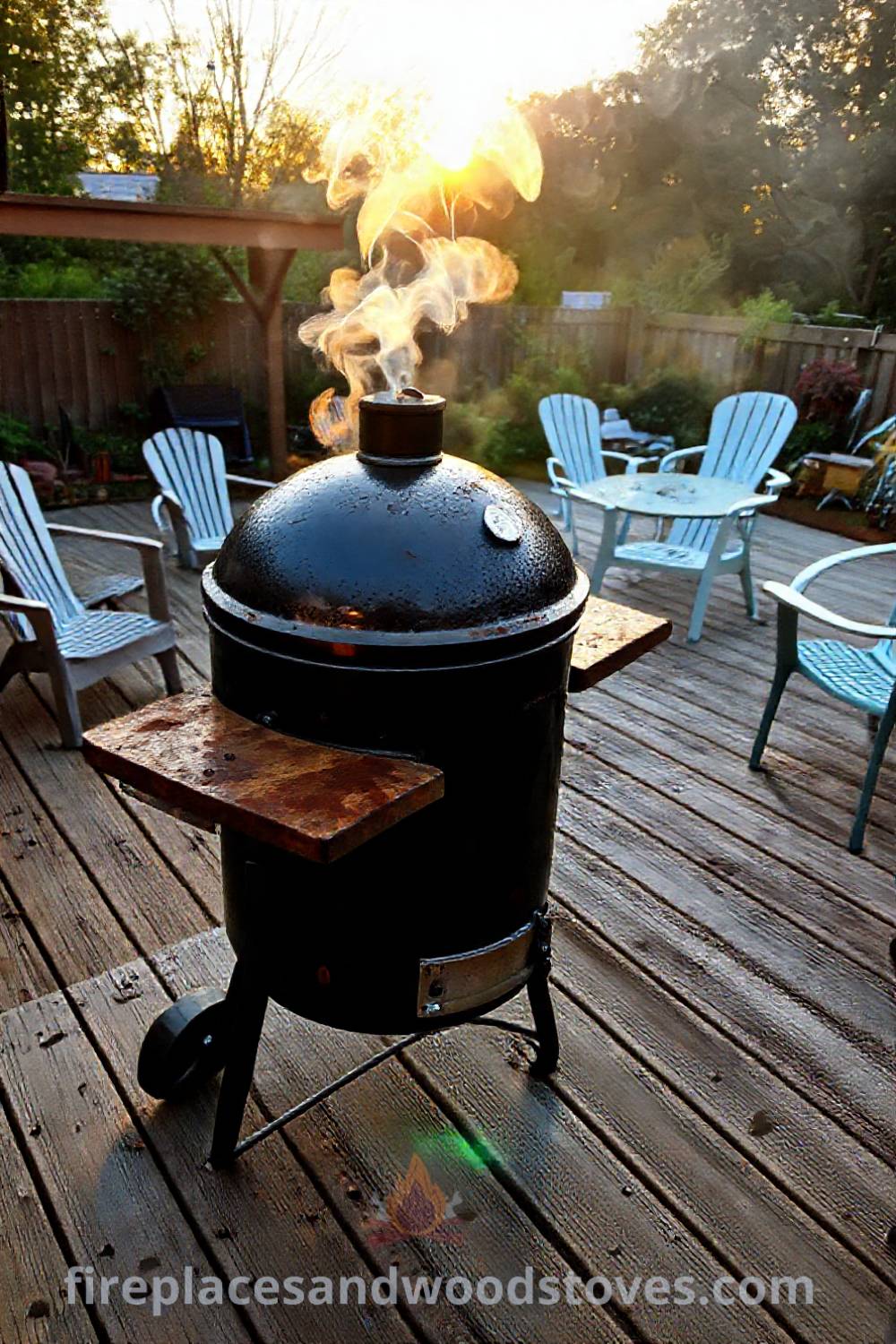 Barbecue smoker on a weathered wooden deck with outdoor chairs inviting gatherings, surrounded by a garden and golden sunlight setting the scene for cozy and delicious summer evenings. Visit patioandhomefurniture.com for stylish outdoor design inspiration.