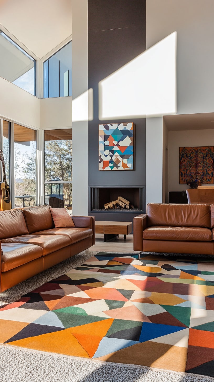 A chic mid-century modern living room with leather sofas, a colorful geometric rug, a fireplace, and large windows allowing natural light.
