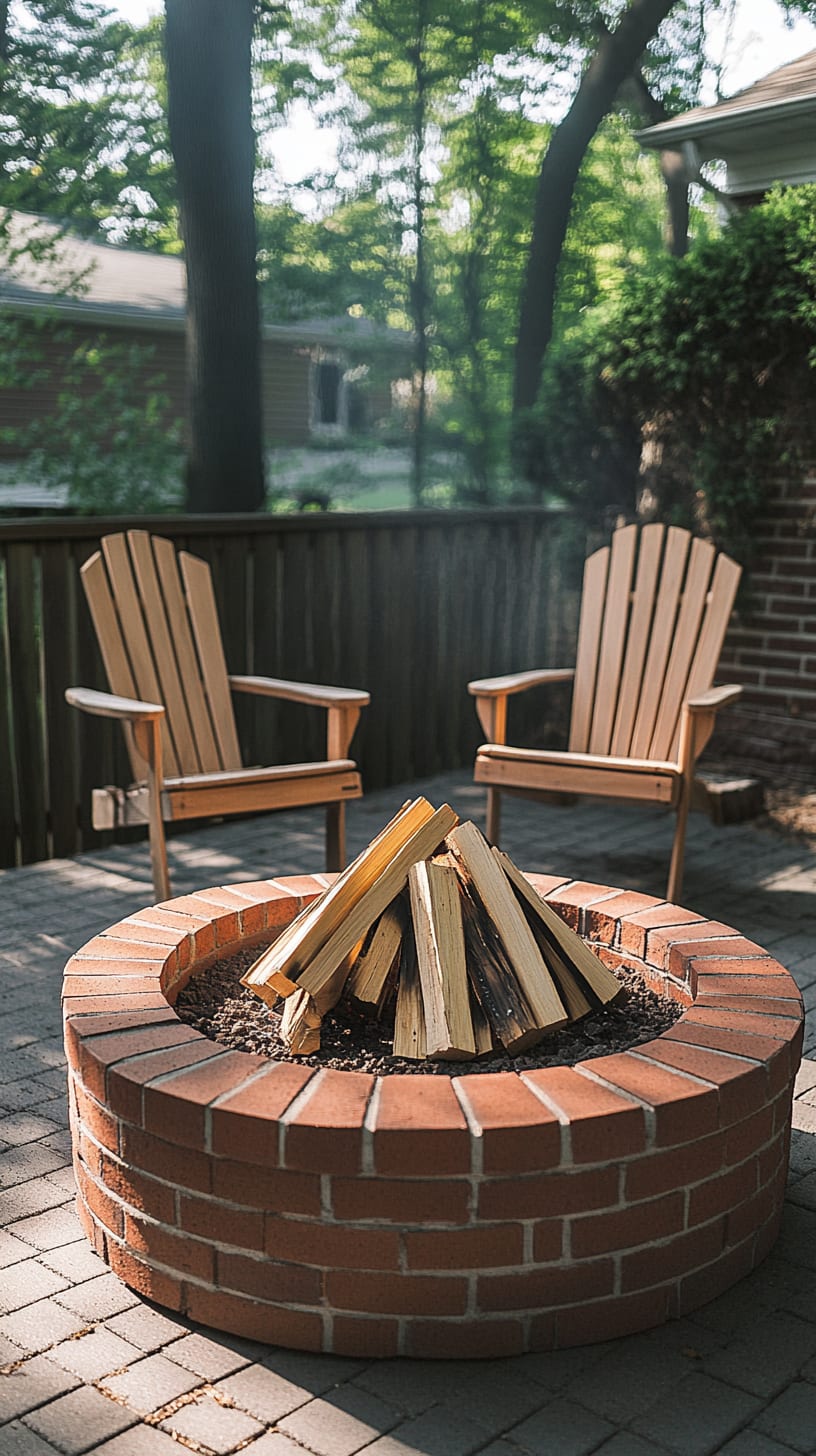A round red brick fire pit filled with wood, surrounded by wooden Adirondack chairs on an outdoor patio during a sunny day.