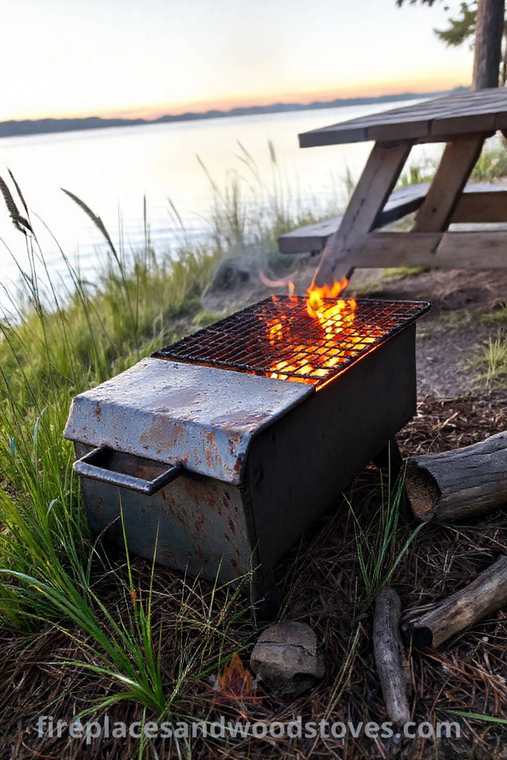 Camping barbecue by the lakeside nestled among tall grasses with warm flames flickering beneath the uneven metal grill, creating a cozy and inviting outdoor atmosphere perfect for memorable cookouts. Visit patioandhomefurniture.com for stylish ideas transforming your backyard.