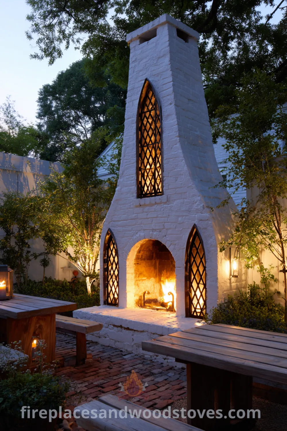 Outdoor setting featuring a white painted brick farmhouse fireplace, rustic wood benches, evening glow, and cozy gathering area elements.