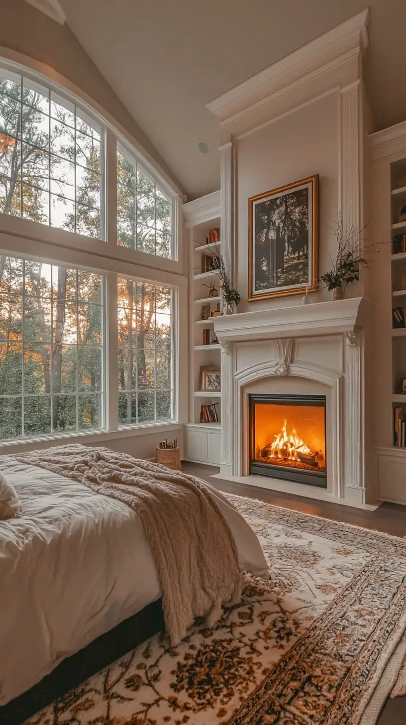 A cozy bedroom featuring large windows, a warm fireplace, plush textiles, vintage decorations, and indoor plants, embodying a cottagecore aesthetic.