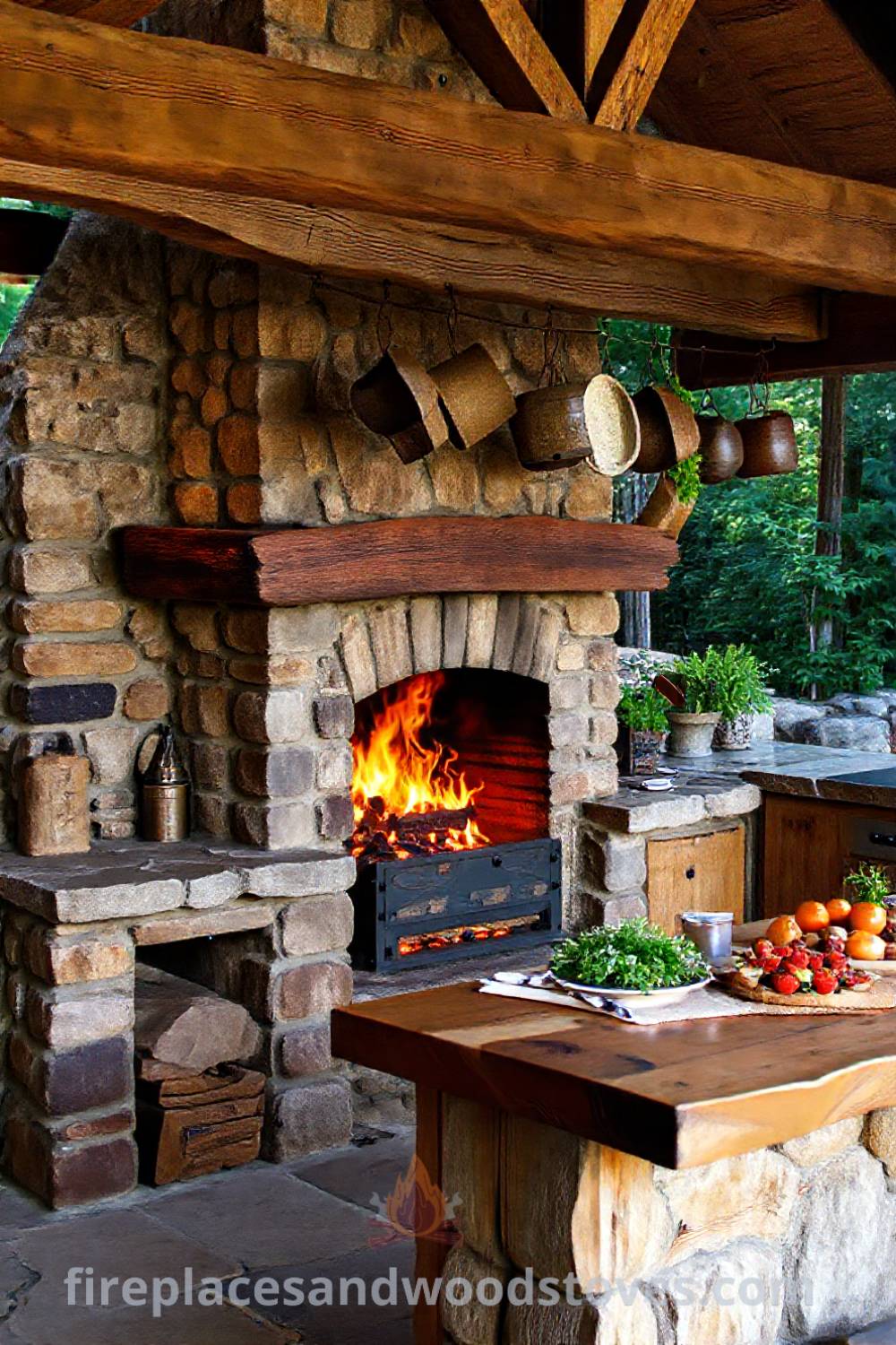 Outdoor kitchen with a rustic wood-burning fireplace framed by hand-laid stone, showcasing an aged timber countertop and hanging herbs, designed to create a cozy gathering space. Visit patioandhomefurniture.com for ideas that will wow your guests.