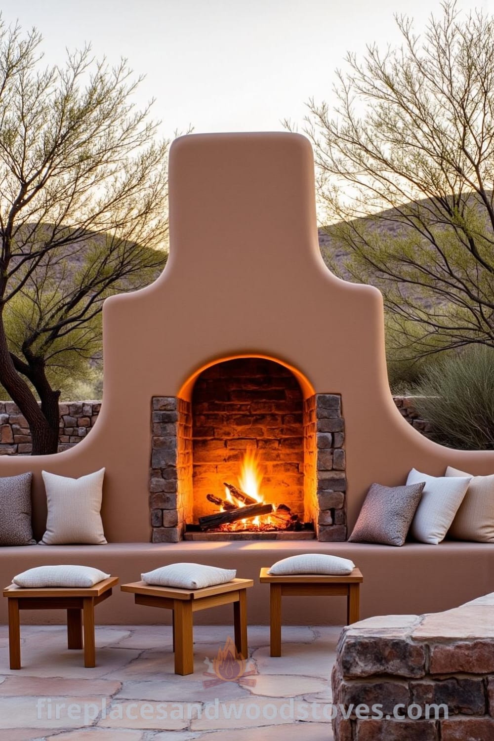 Southwestern adobe outdoor barbecue surrounded by desert flora, rustic stone patio, and inviting cushions, showcasing cozy design ideas perfect for gatherings under the stars on fireplacesandwoodstoves.com.