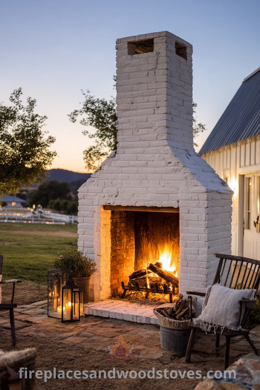 Farmhouse outdoor fireplace with white painted brick, galvanized metal accents, integrated seating wood benches, and string lights creating a cozy outdoor space.